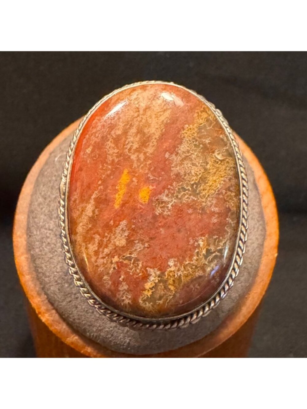 Sterling Silver 925 Oval Coral Bezel Set Rope Border Statement Ring Size 7.75